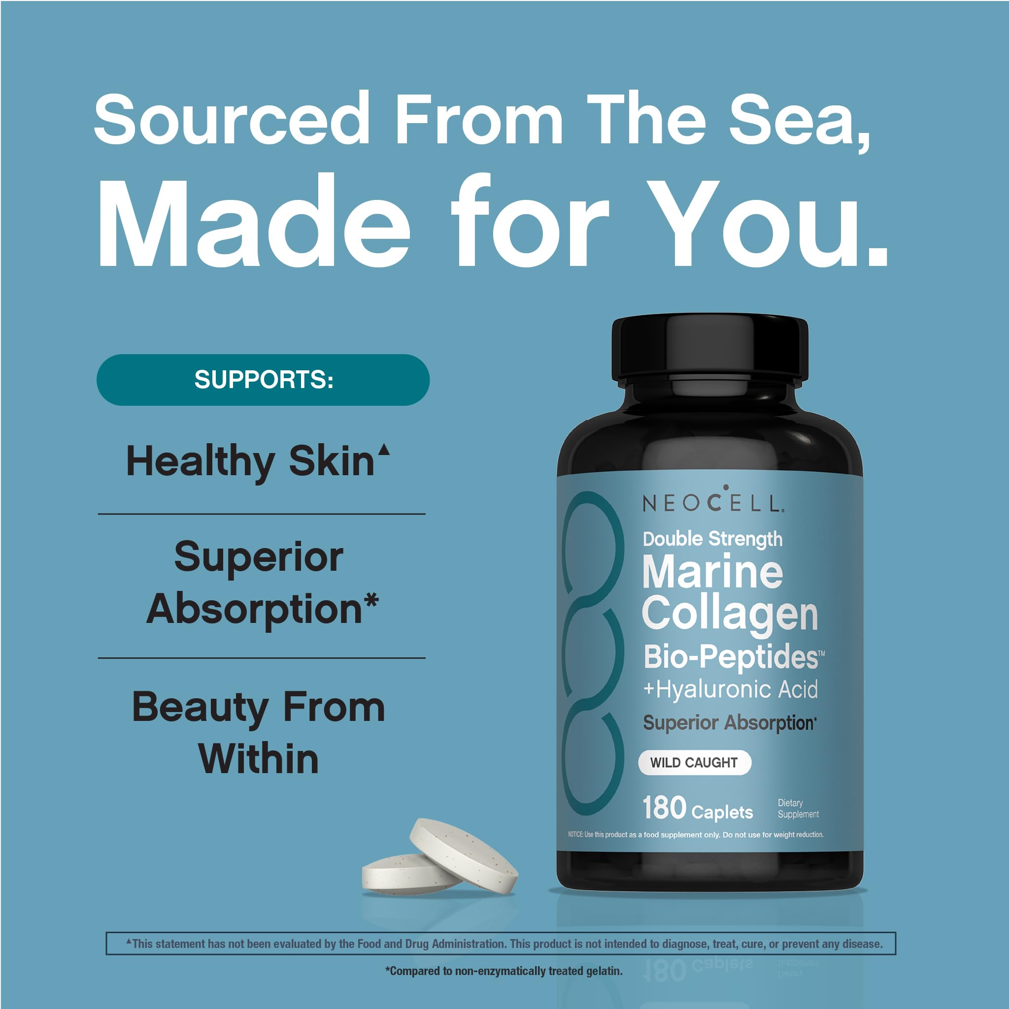NeoCell caplets in glass bottle for daily beauty support