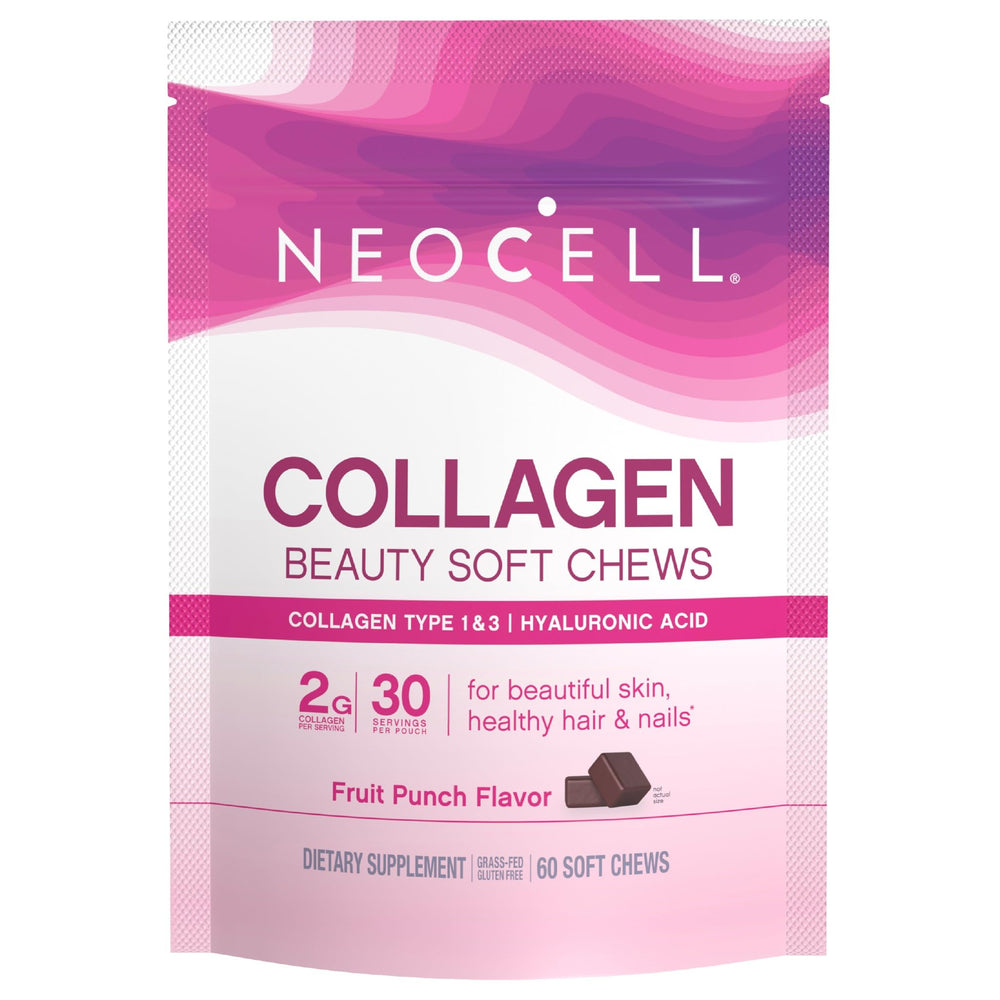 NeoCell Collagen Beauty Soft Chews bottle shows fruit punch flavor and skin, hair, and nail support.