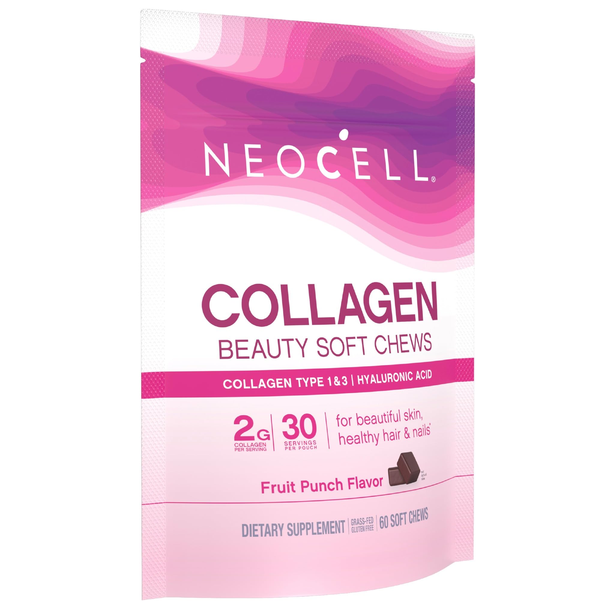 NeoCell Collagen Beauty Soft Chews close-up reveals fruit-punch chews and hydration benefits.