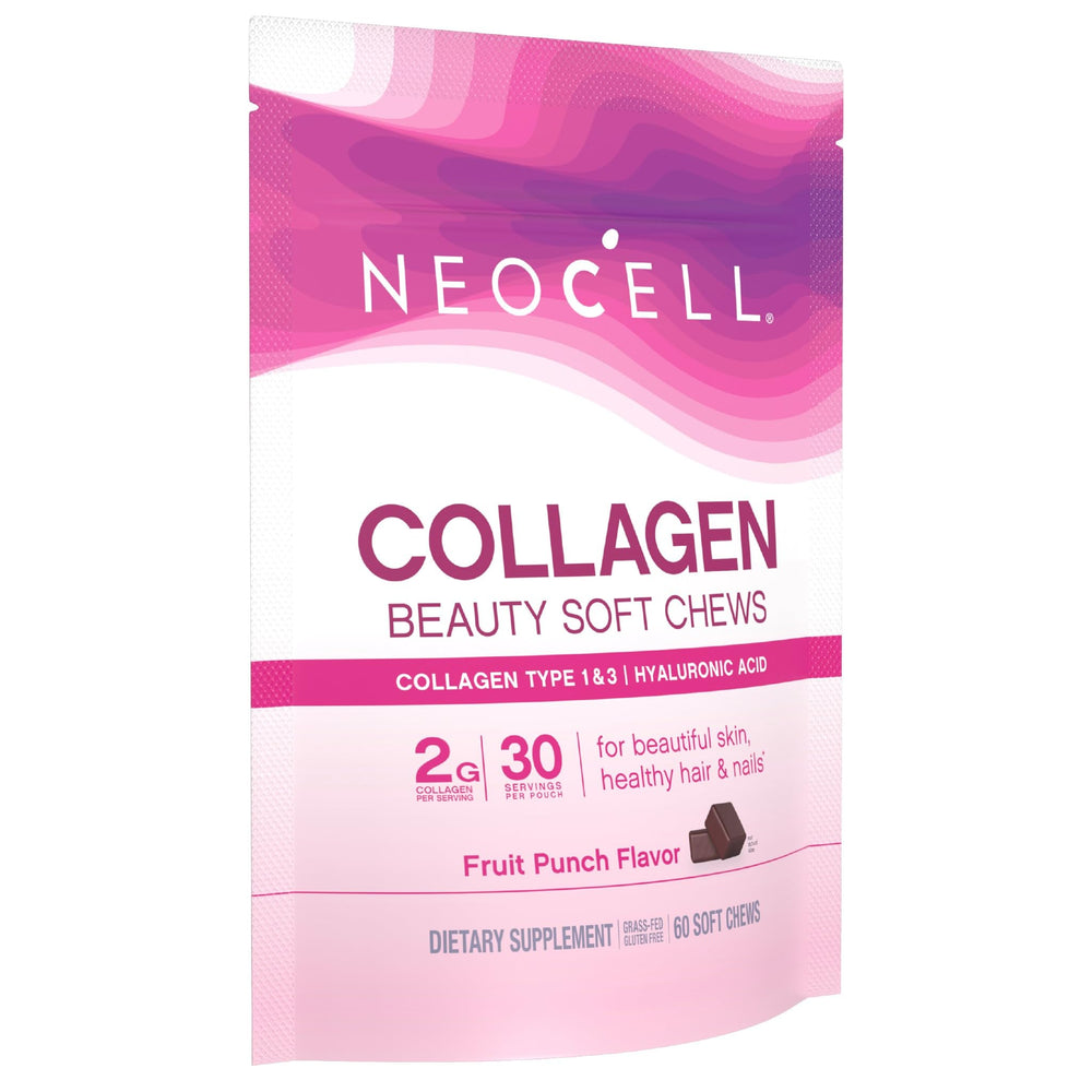 NeoCell Collagen Beauty Soft Chews close-up reveals fruit-punch chews and hydration benefits.
