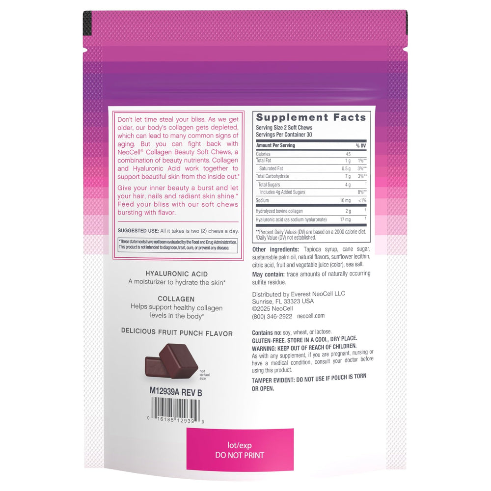 NeoCell label shows vitamin C and hyaluronic acid for radiant skin support.