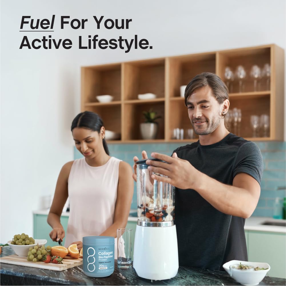 NeoCell Collagen Bio-Peptides bottle on counter highlights keto friendly kosher formula.