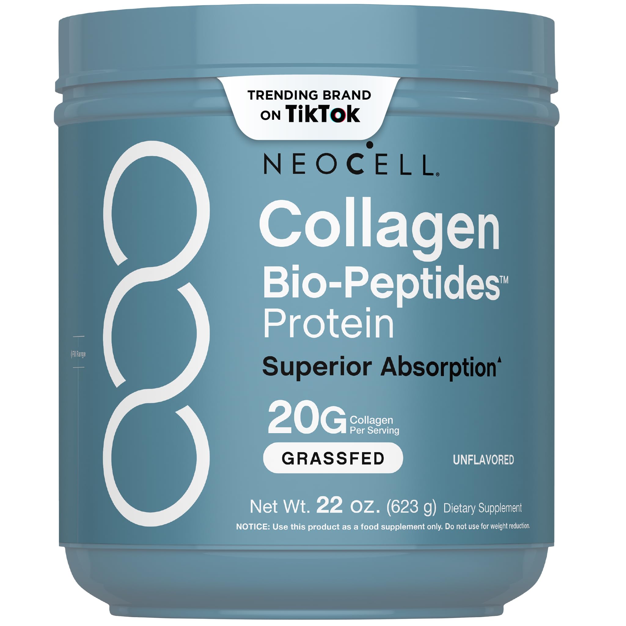 NeoCell Collagen Bio-Peptides powder tub close-up supports radiant hair, skin, and nails.