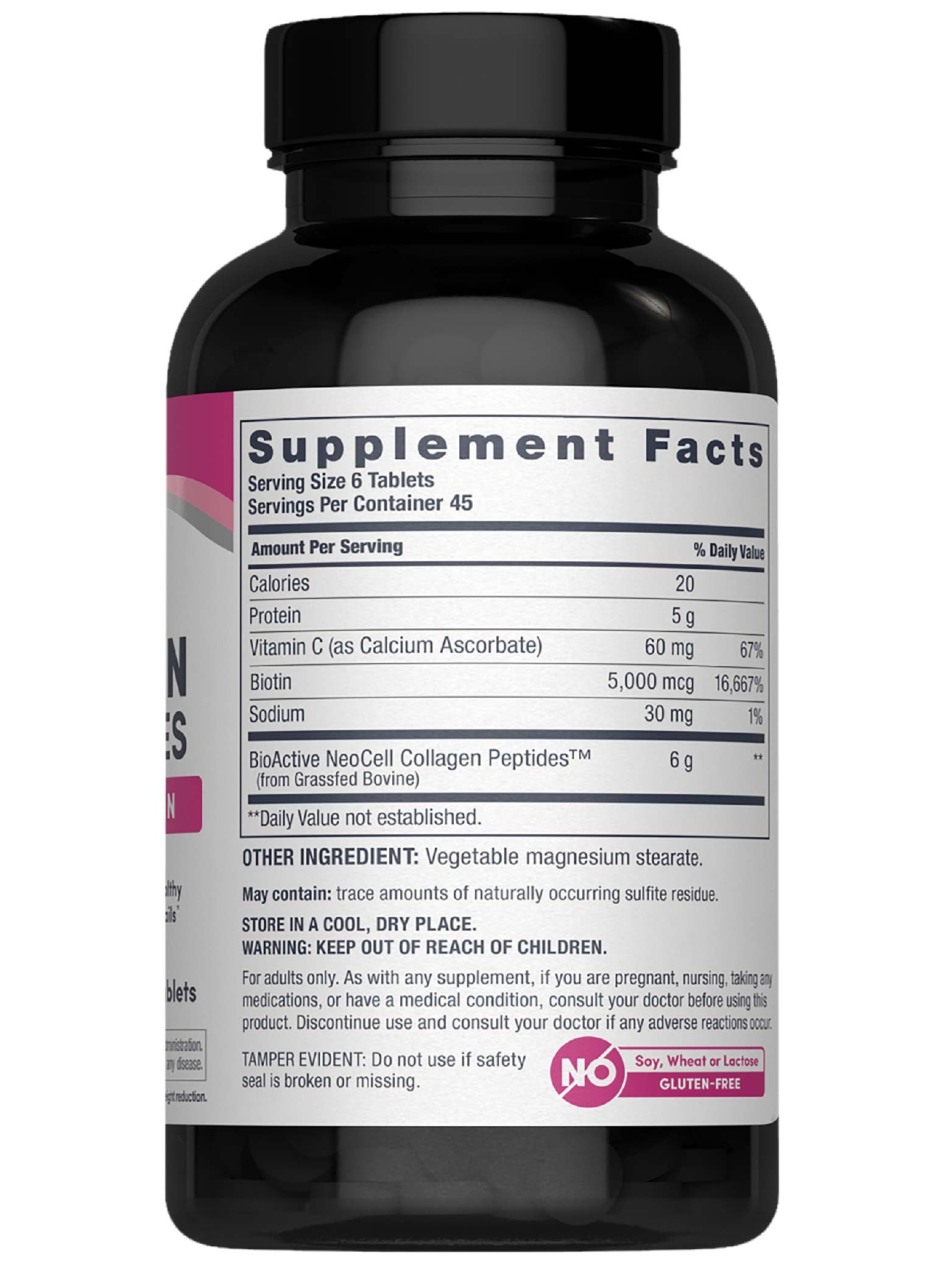 NeoCell Collagen pills bottle back view shows ingredients and benefits.