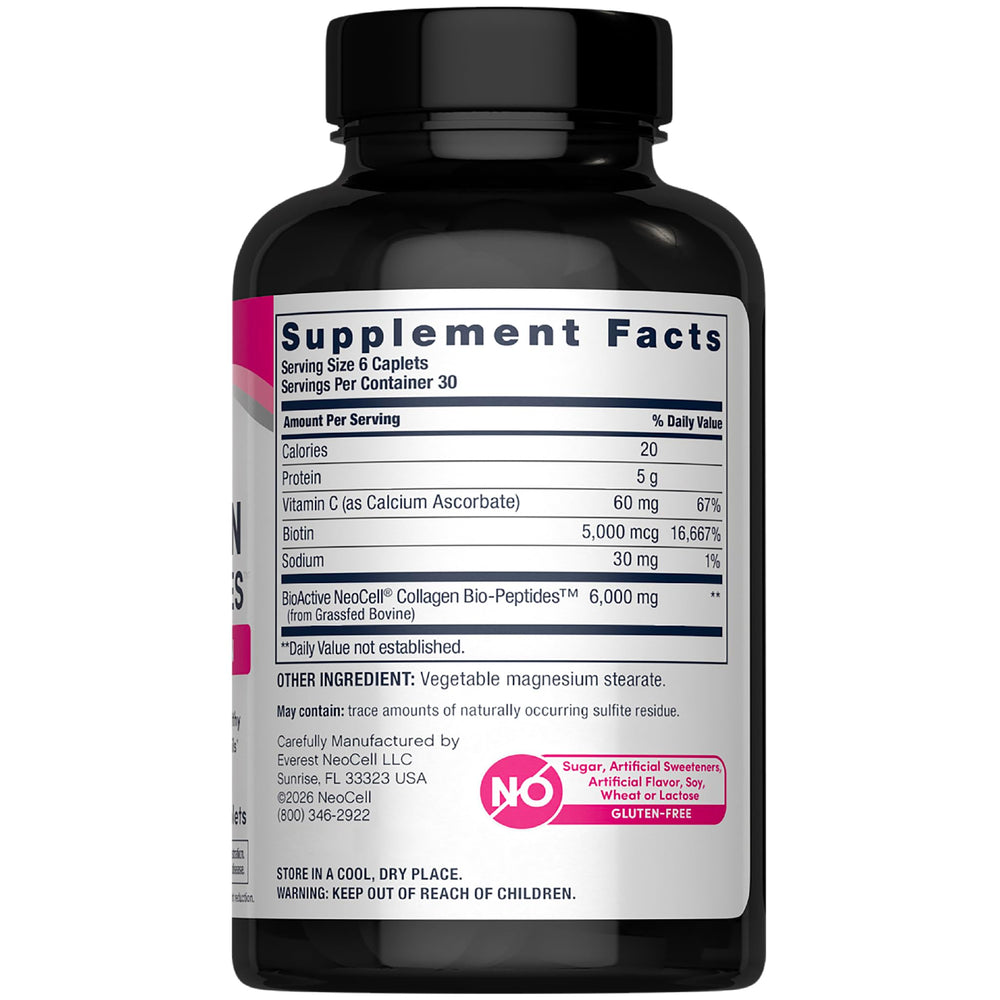 NeoCell collagen pills bottle back view with grass-fed collagen details