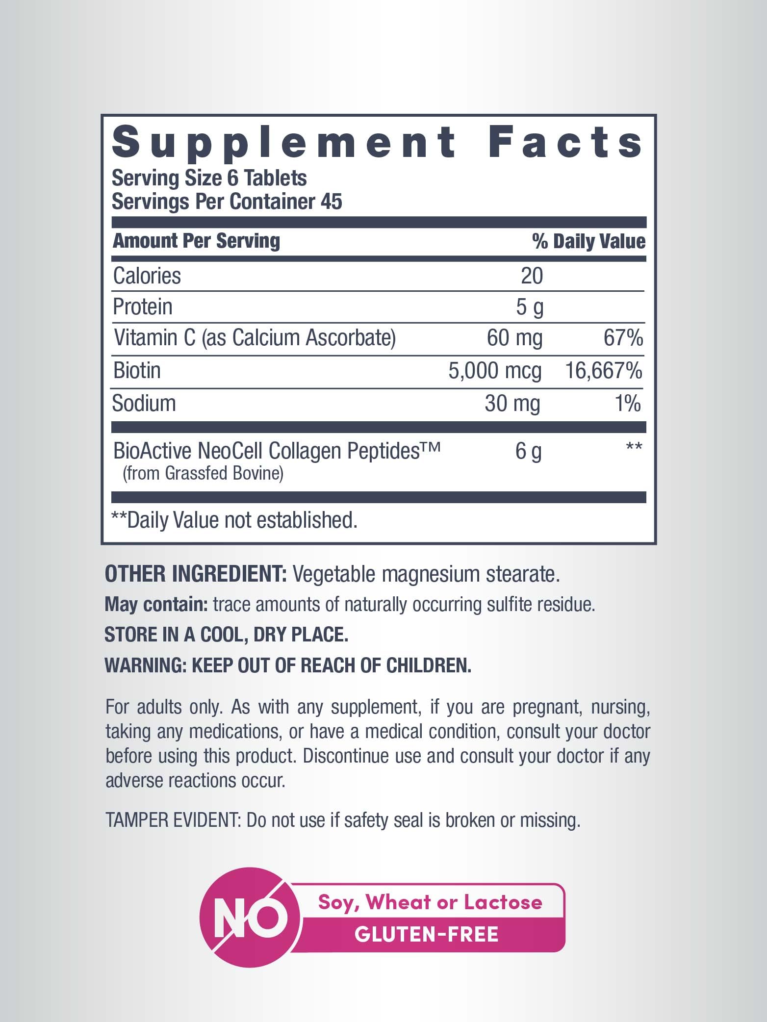 NeoCell Collagen pills capsules closeup shows hydrolyzed collagen tablets.