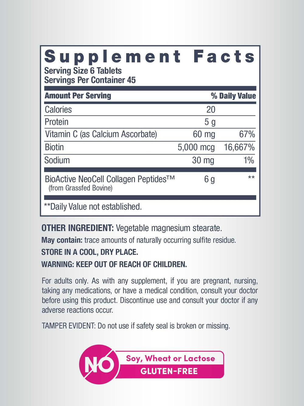 NeoCell Collagen pills capsules closeup shows hydrolyzed collagen tablets.