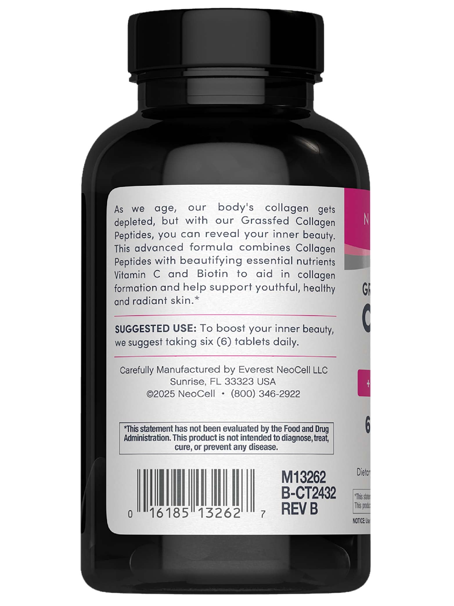 NeoCell Collagen pills label closeup highlights vitamin C and biotin.