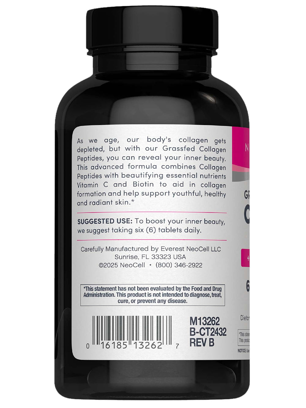 NeoCell Collagen pills label closeup highlights vitamin C and biotin.