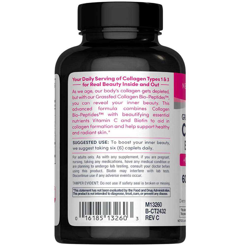 NeoCell collagen pills label close-up highlighting vitamin C and biotin