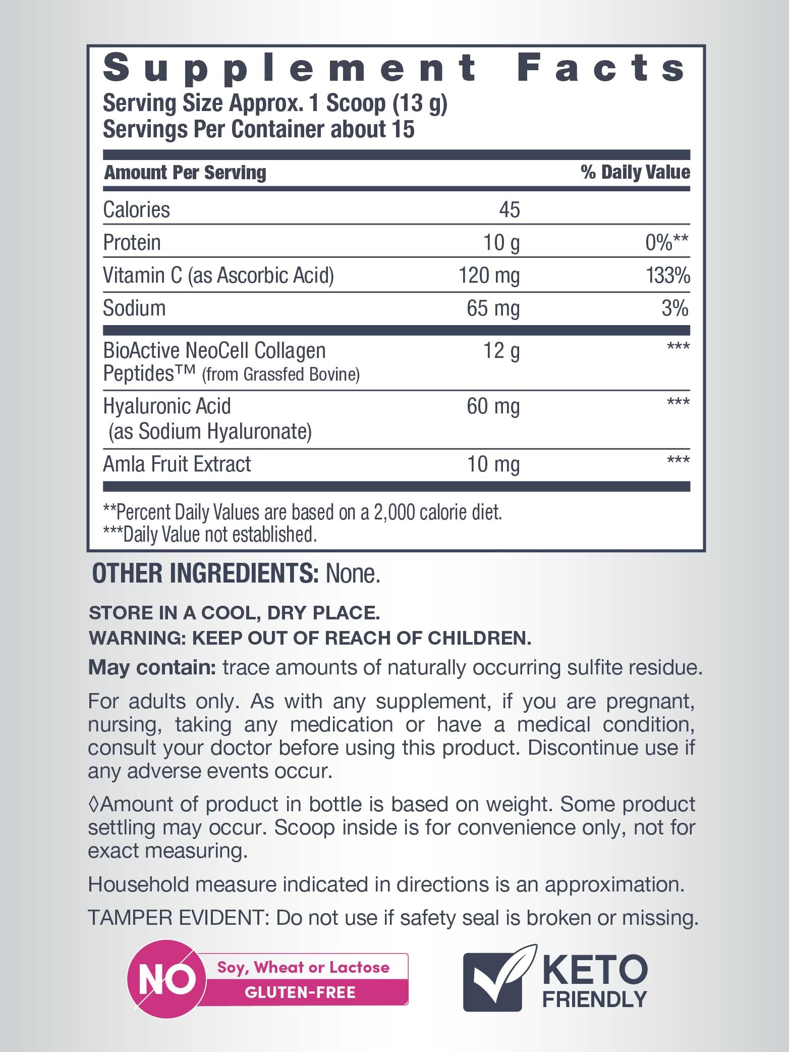 NeoCell Collagen Powder vitamin C label highlighting collagen support for skin