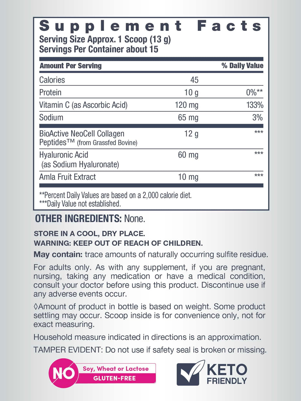 NeoCell Collagen Powder vitamin C label highlighting collagen support for skin