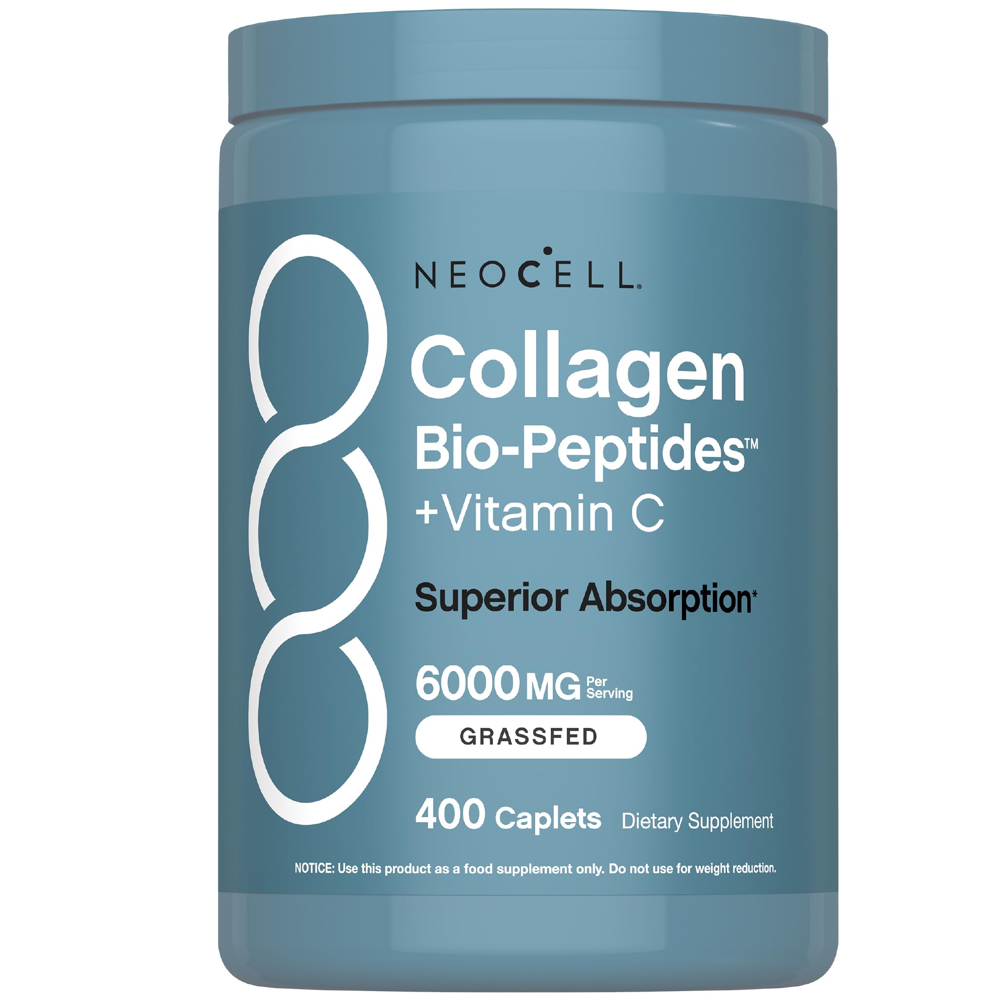 NeoCell Grass Fed Collagen Peptides bottle front highlighting premium ingredients for hair, skin, and nails