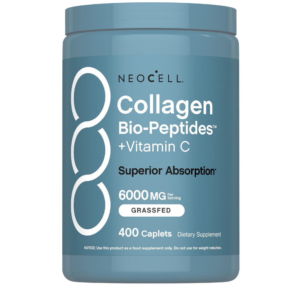 NeoCell Grass Fed Collagen Peptides bottle front highlighting premium ingredients for hair, skin, and nails