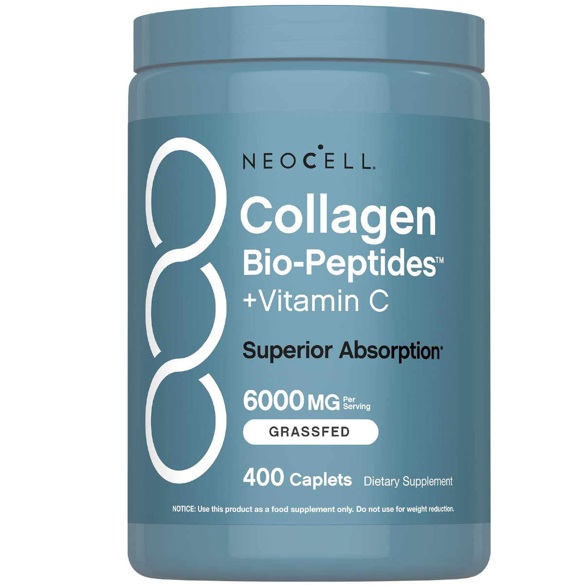 NeoCell Grass Fed Collagen Peptides bottle front highlighting premium ingredients for hair, skin, and nails