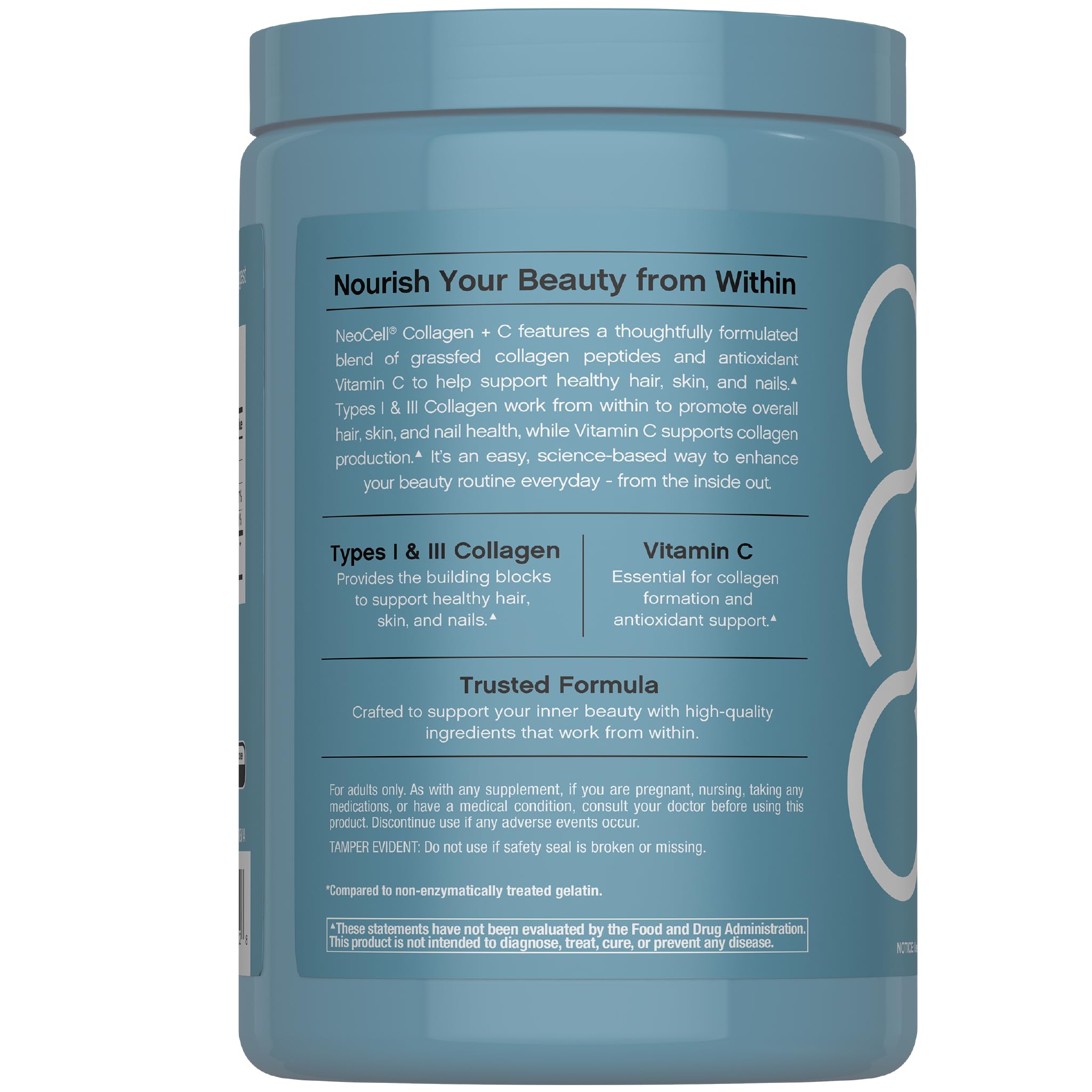 NeoCell bottle label details emphasize Vitamin C boost and Types I & III collagen
