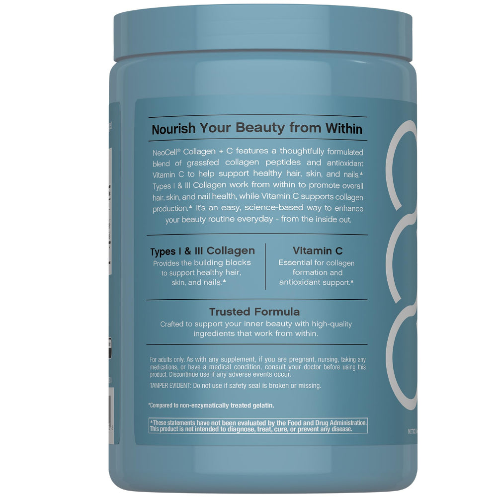 NeoCell bottle label details emphasize Vitamin C boost and Types I & III collagen