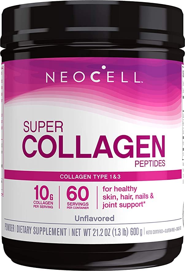 NeoCell grassfed collagen peptides powder bottle for daily beauty support and easy mixing.