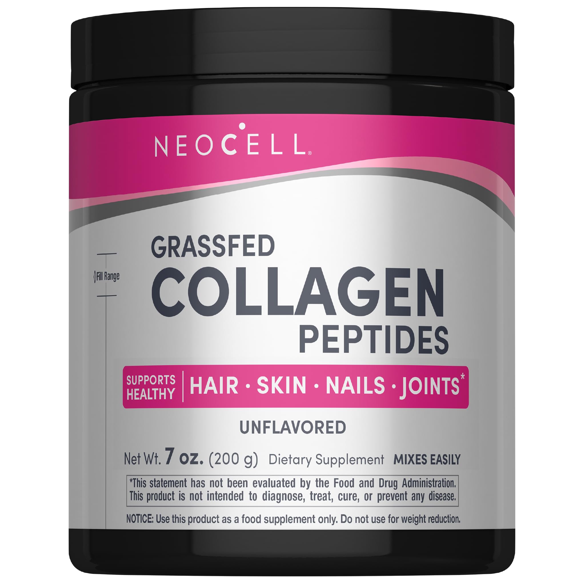 NeoCell Grassfed Collagen Peptides powder bottle for daily skin, hair, and nails support.