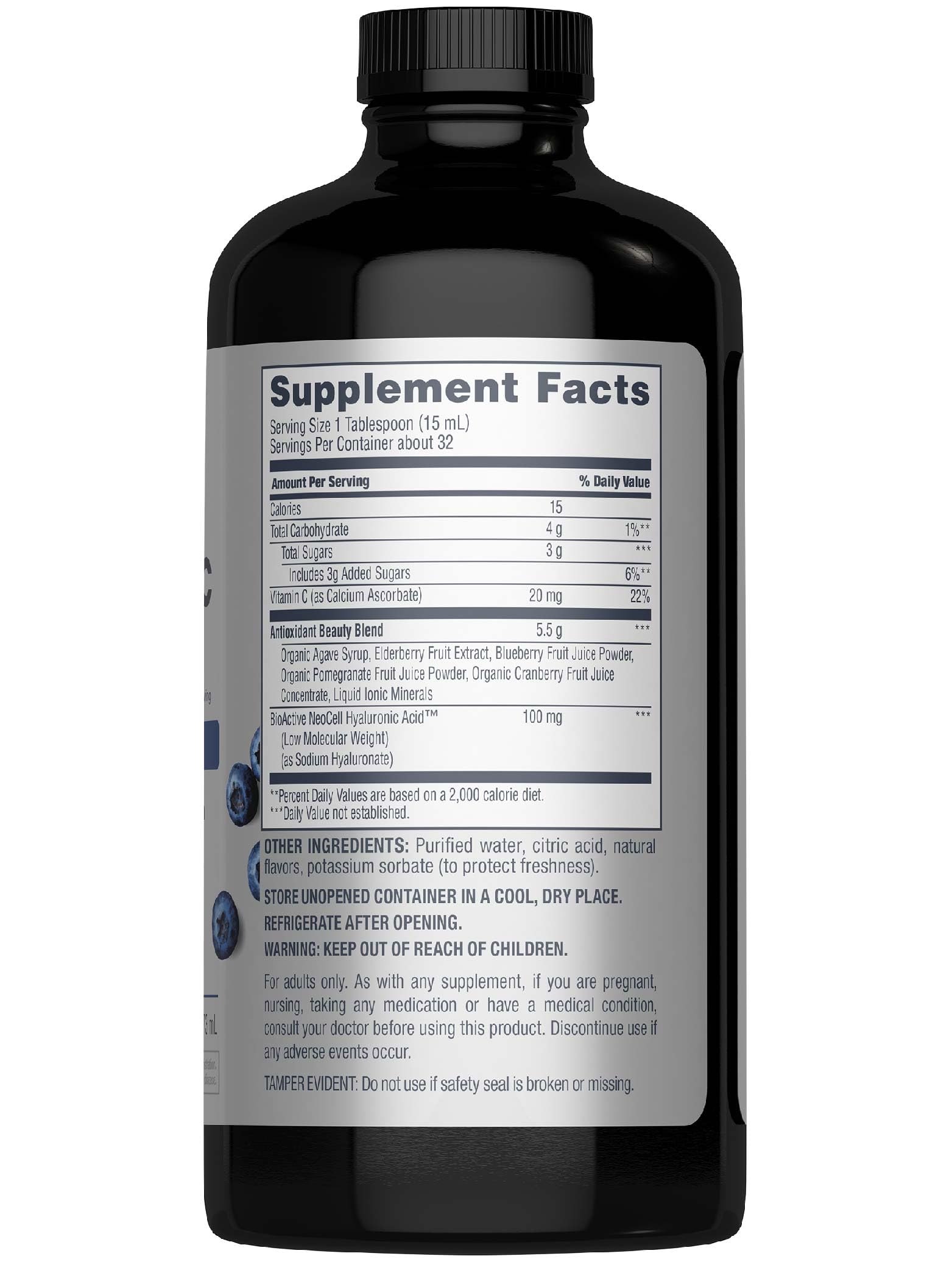 NeoCell Hyaluronic Acid Berry Liquid being poured for daily use.