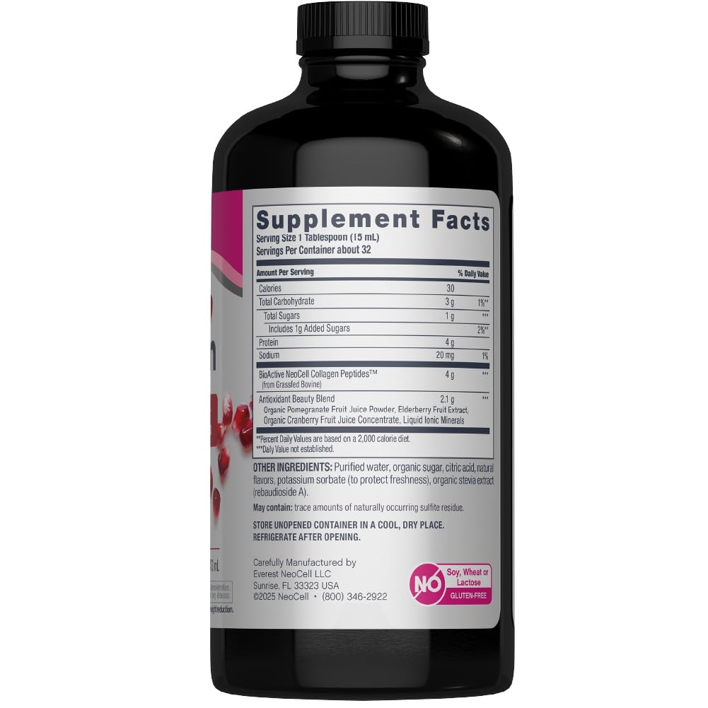 NeoCell Liquid Collagen bottle with pomegranate, cranberry and elderberry juice concentrates for flavor.