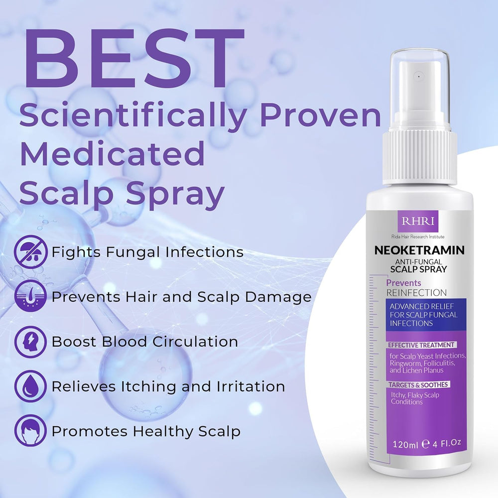 Neoketramin spray closeup label highlights gentle botanicals for sensitive scalps.
