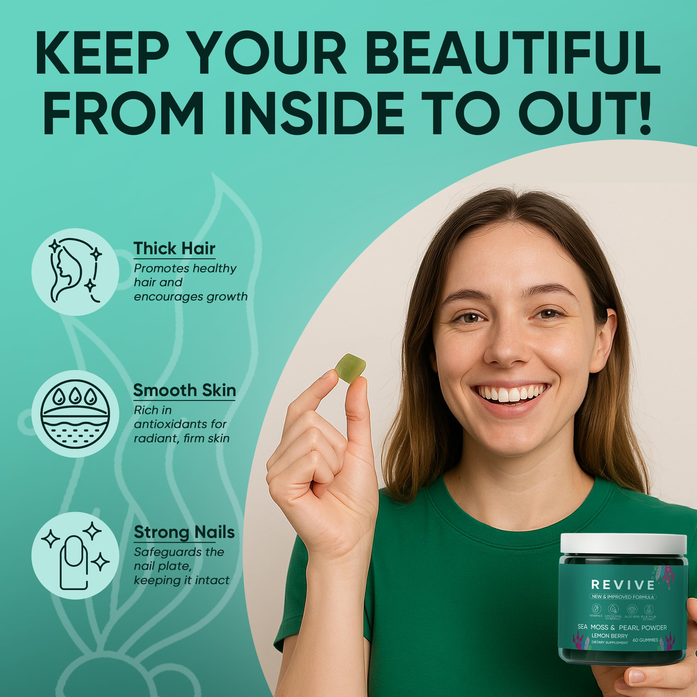 Neonomicon Balmbare Revive Gummies aloe vera detail emphasizes skin and hair support.