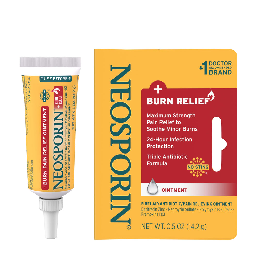 Neosporin Burn Relief ointment tube front view for on-the-go minor wound care
