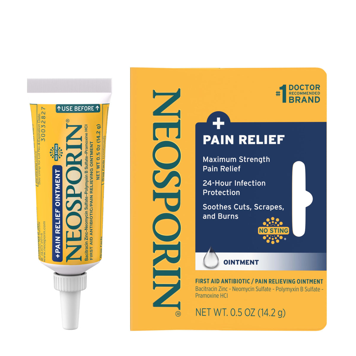 Neosporin dual-action tube for quick infection protection and pain relief.