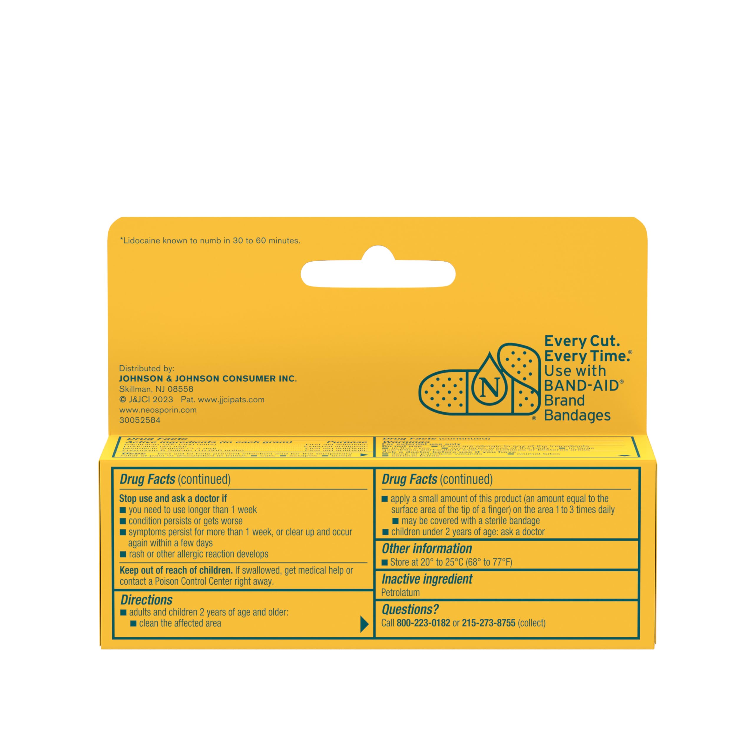 Close-up of Neosporin Lidocaine tube highlighting pain relief active ingredient.