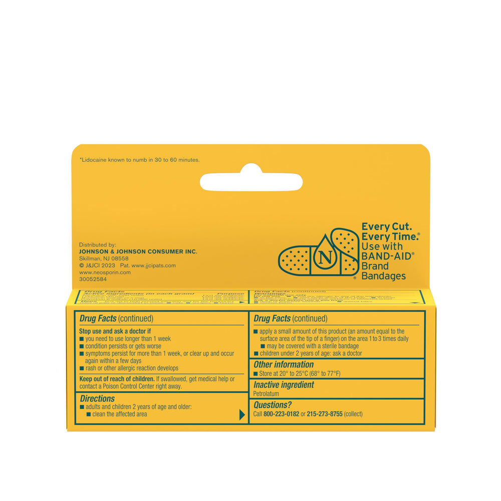 Close-up of Neosporin Lidocaine tube highlighting pain relief active ingredient.