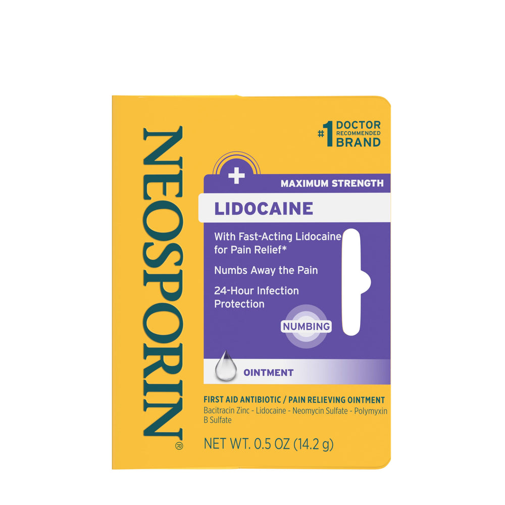 Neosporin plus Lidocaine tube front view, compact 0.5-ounce size for on-the-go wound care.