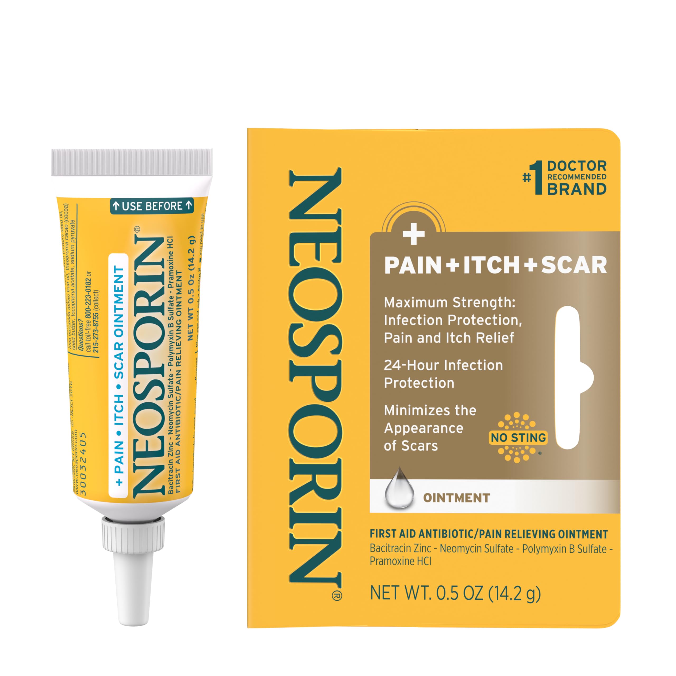 Neosporin Pain, Itch & Scar ointment 0.5 oz tube for infection protection and healing.