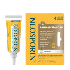 Neosporin Pain, Itch & Scar ointment 0.5 oz tube for infection protection and healing.