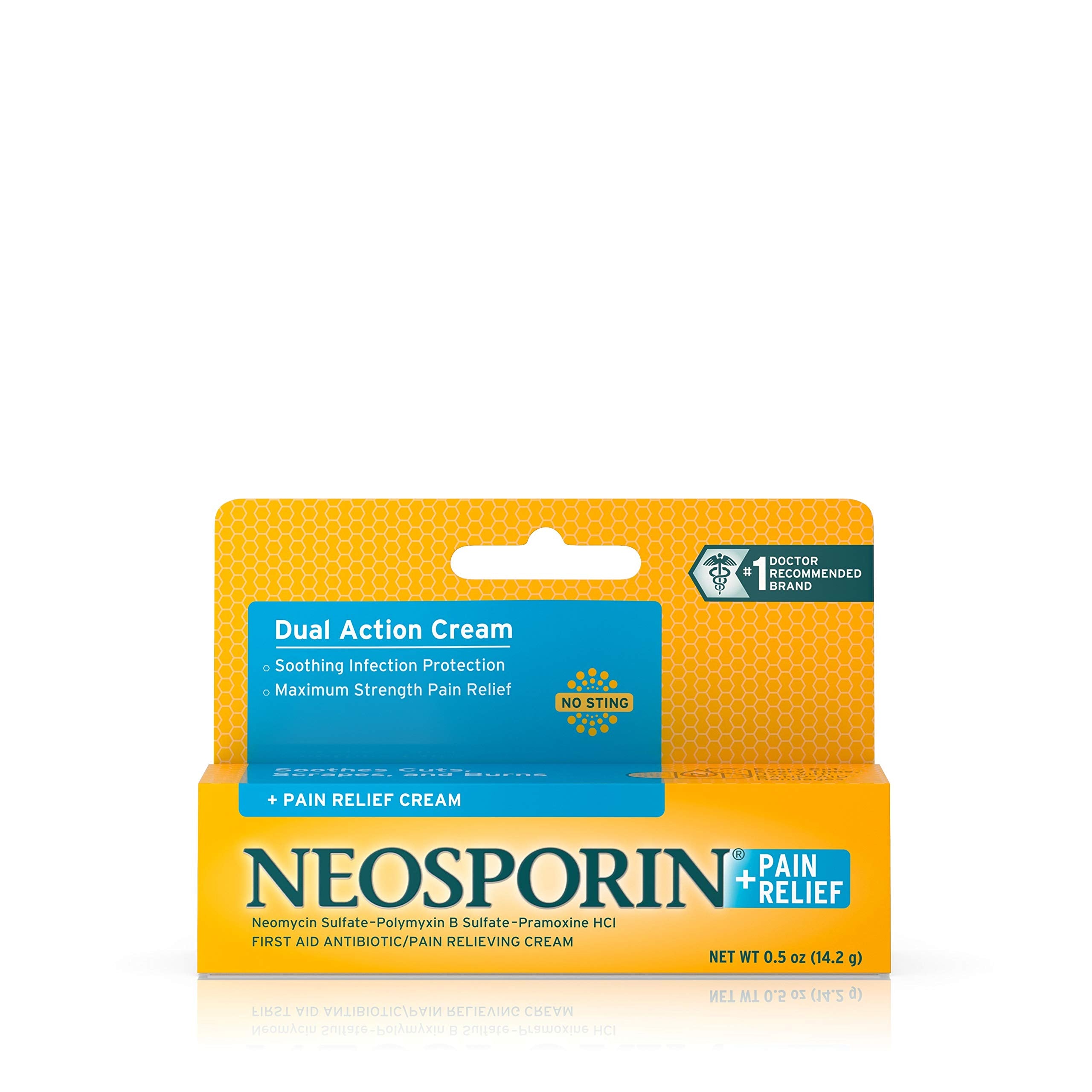 Hand applying Neosporin Pain Relief Cream to a small cut.
