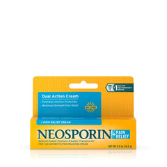 Hand applying Neosporin Pain Relief Cream to a small cut.