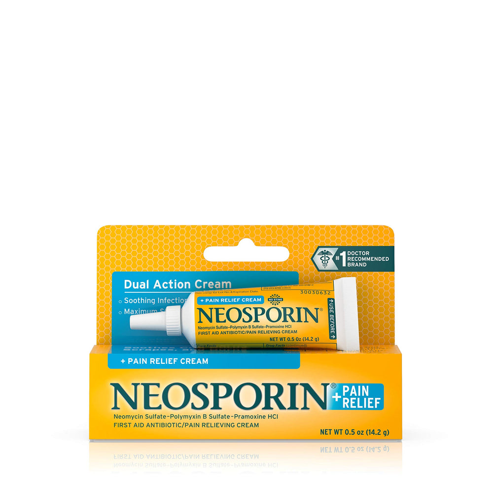 Neosporin Pain Relief Dual Action Cream bottle for minor wound care.