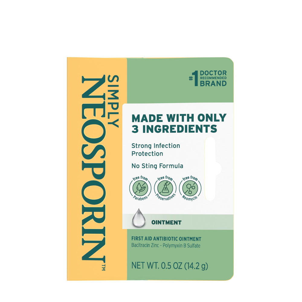 Neosporin Simply Formula packaging beside a Band-Aid shows integrated care routine.