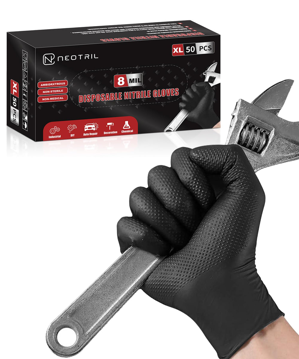 NEOTRIL 8-mil nitrile gloves with diamond texture for secure grip during messy tasks.