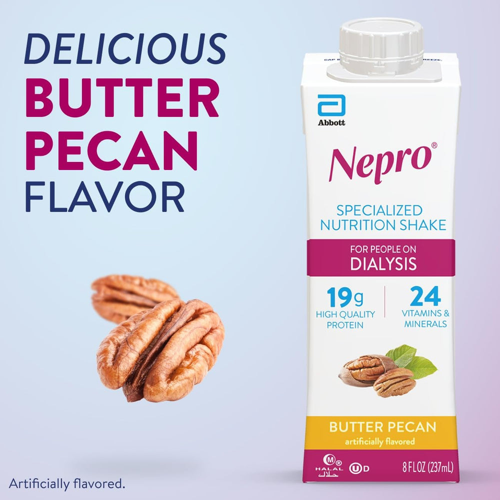 Nepro Dialysis Shake Butter Pecan glass pour features rich flavor