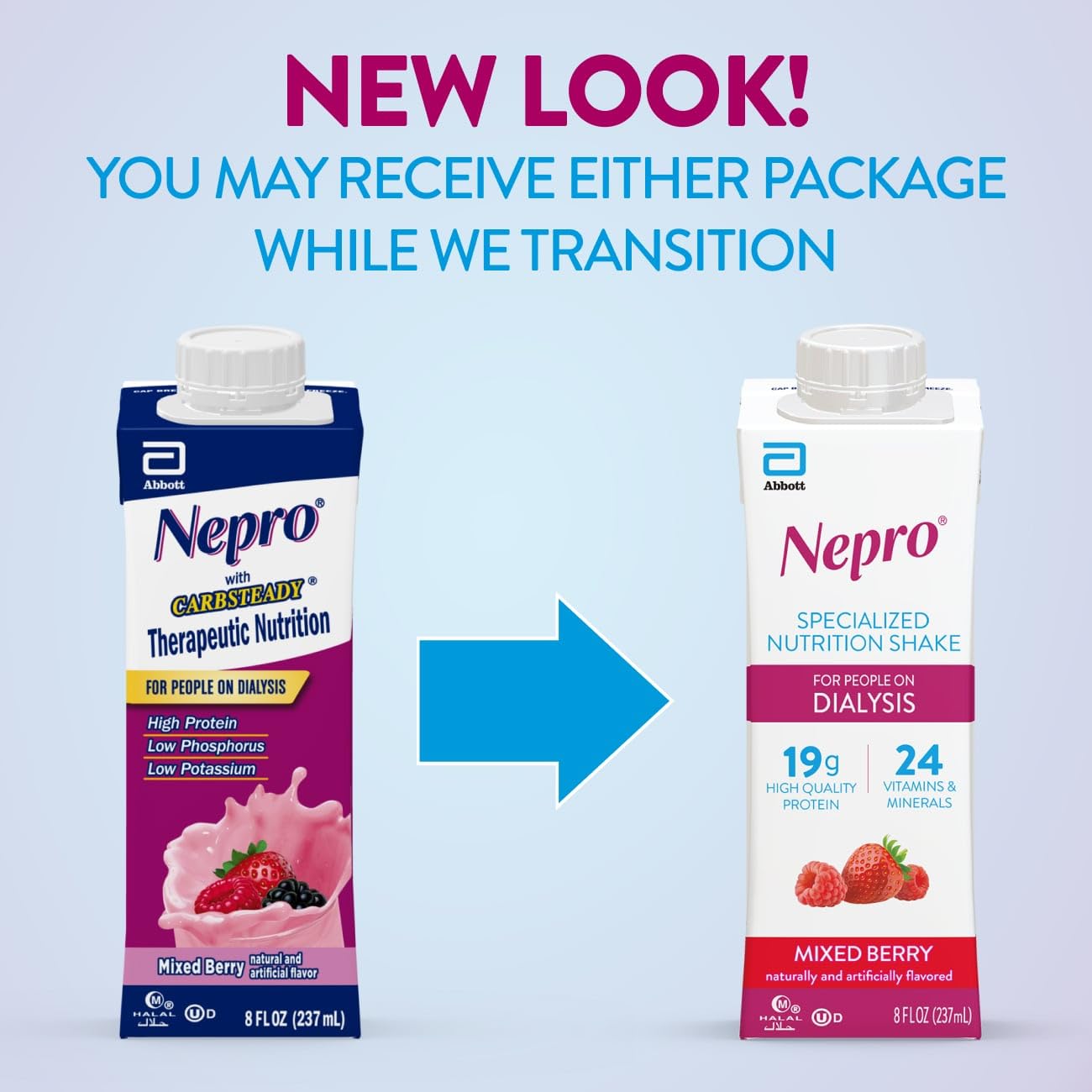 Nepro Mixed Berry bottle shown for convenient on-the-go nutrition.