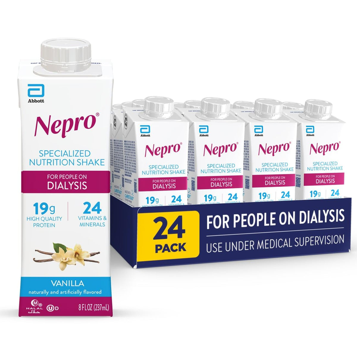 Nepro vanilla shake bottle, protein-rich nutrition for dialysis sessions.
