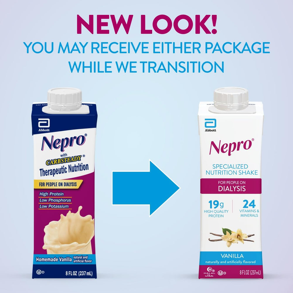 Nepro vanilla shake being poured, convenient protein boost during dialysis.