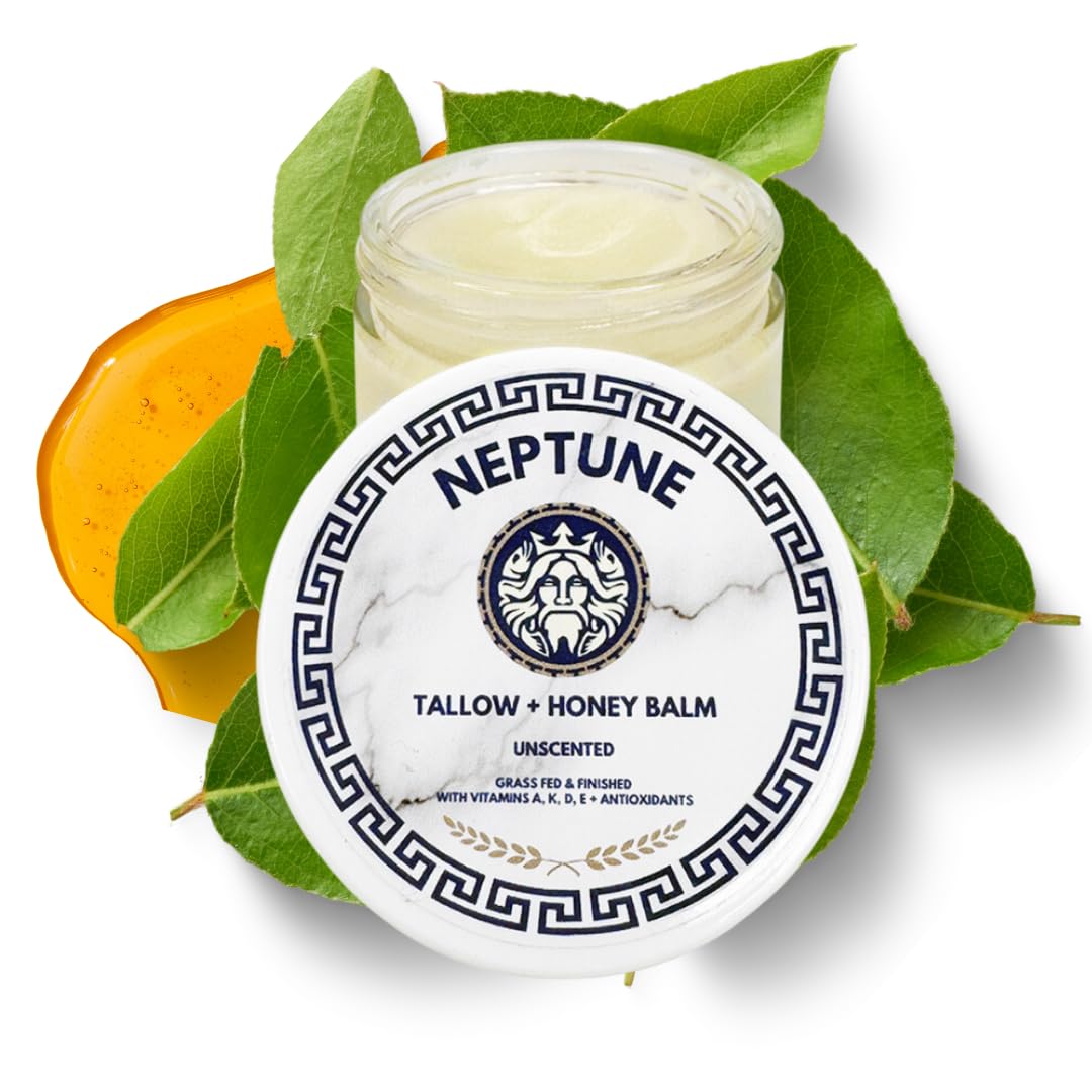 Neptune Health Tallow and Manuka Honey Balm bottle front, fragrance-free skincare option.