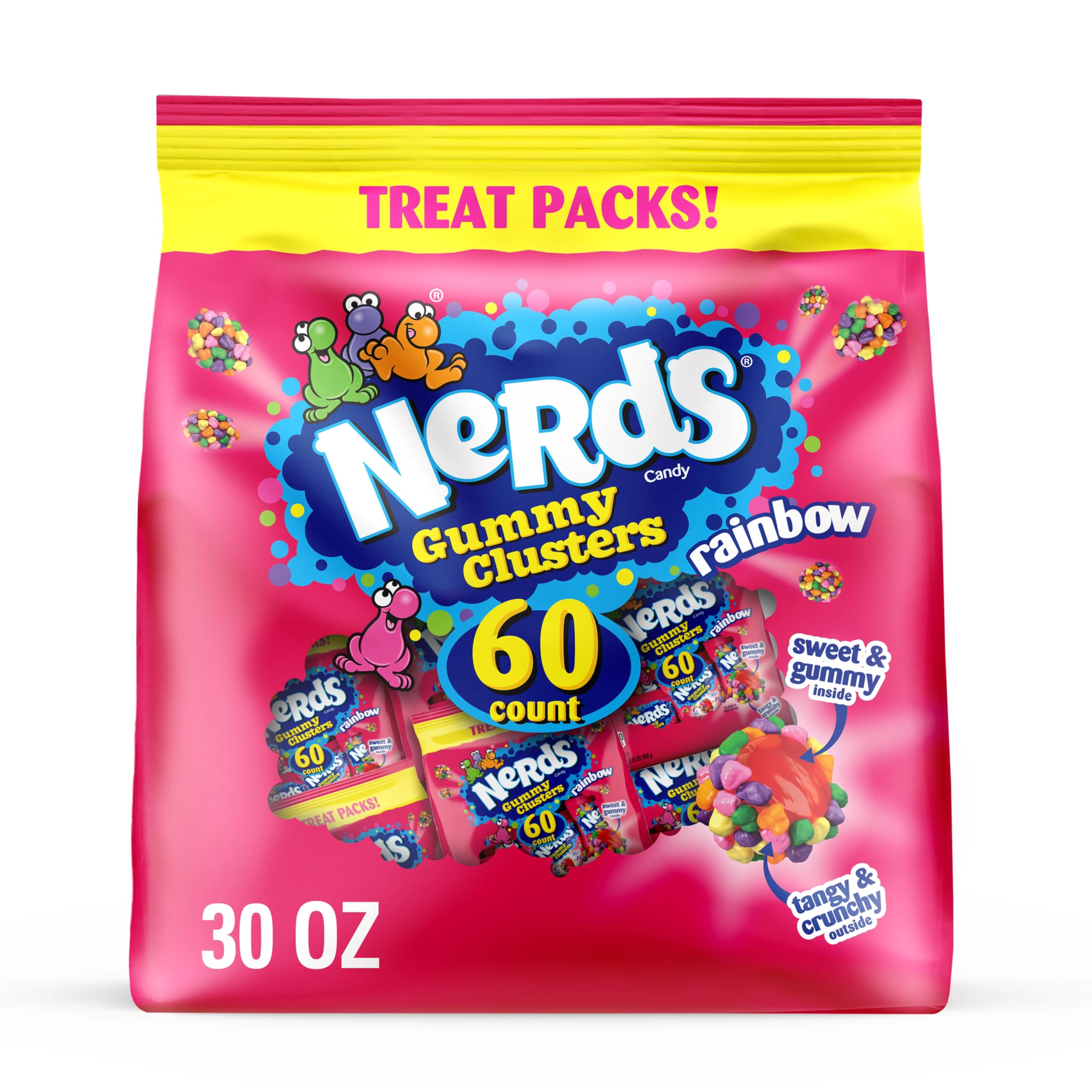 NERDS Gummy Clusters rainbow pack closeup, a colorful bite-size treat for sharing.