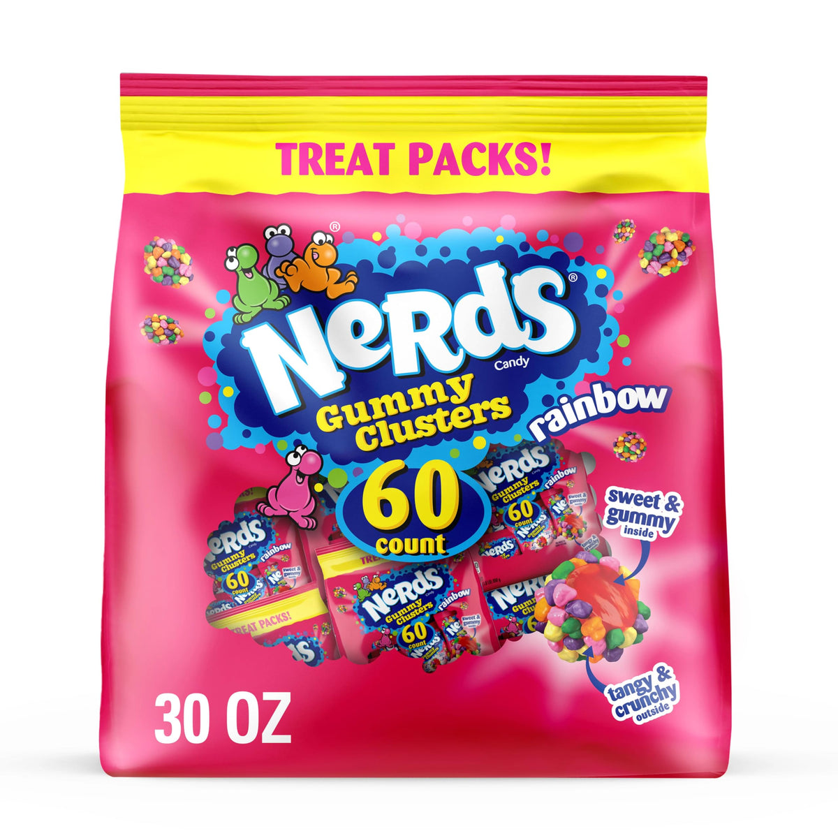 NERDS Gummy Clusters rainbow pack closeup, a colorful bite-size treat for sharing.