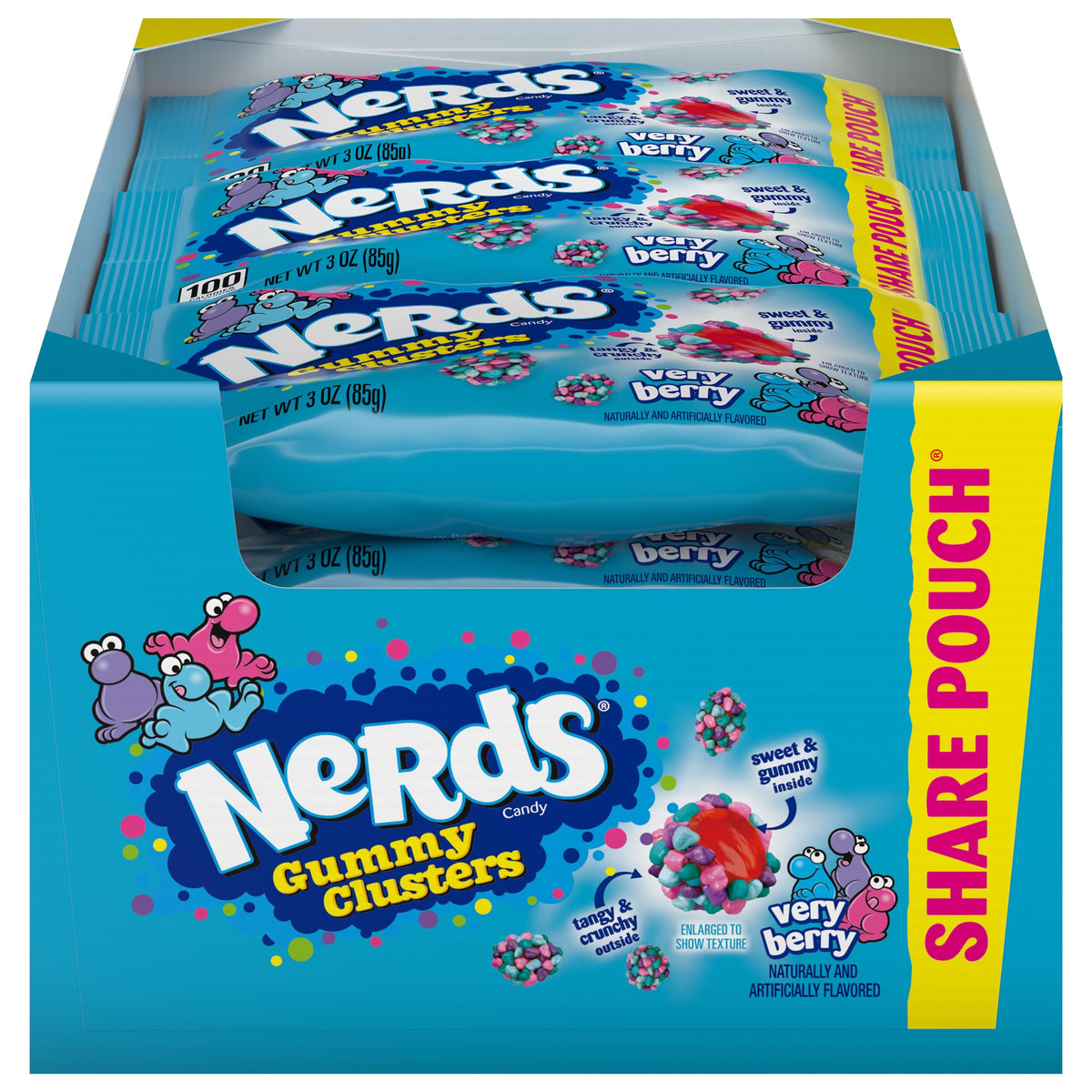 NERDS Gummy Clusters Very Berry pack shows crunchy shells around a fruity center for a playful snack.
