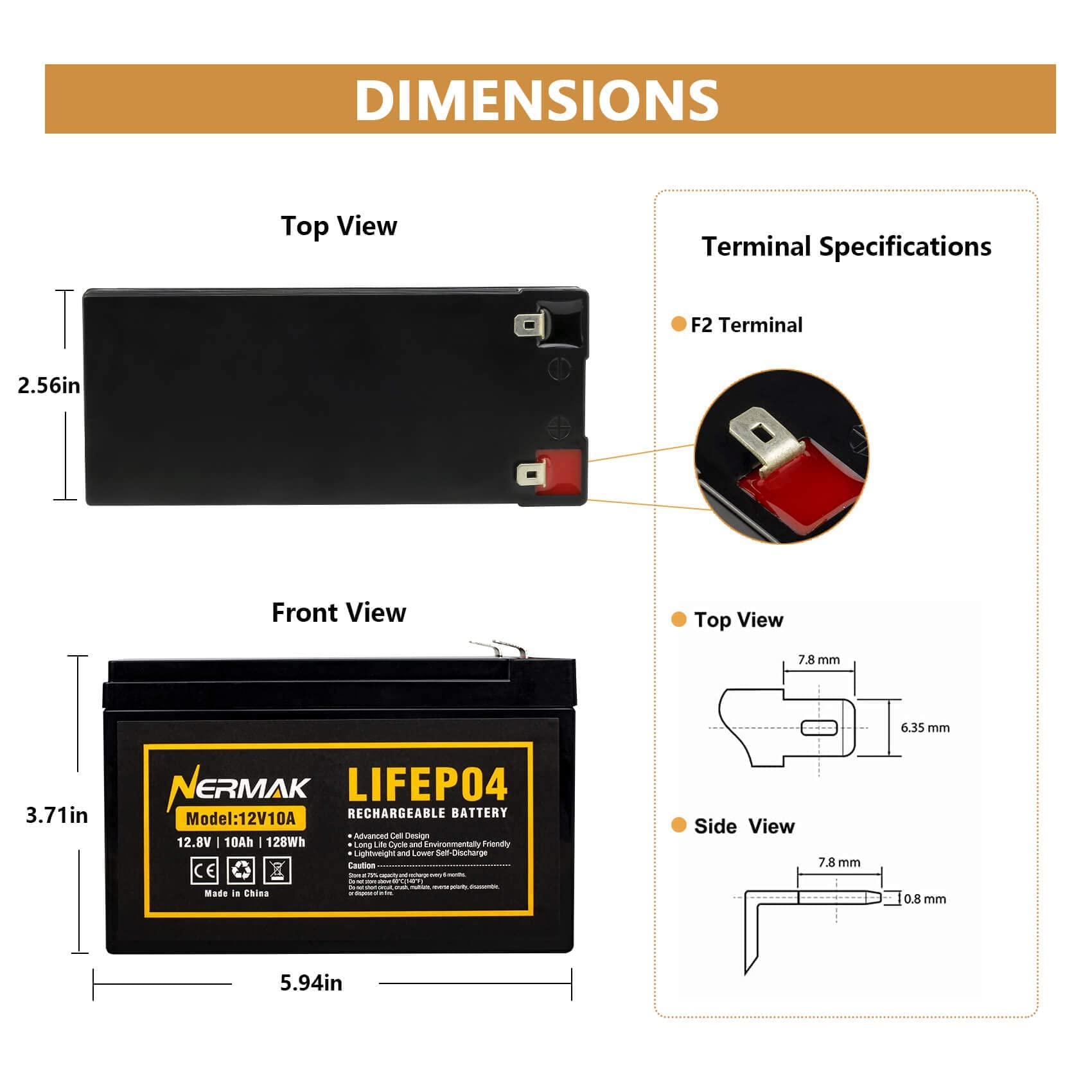 NERMAK LiFePO4 battery with built-in BMS protecting against overcharge and short circuits