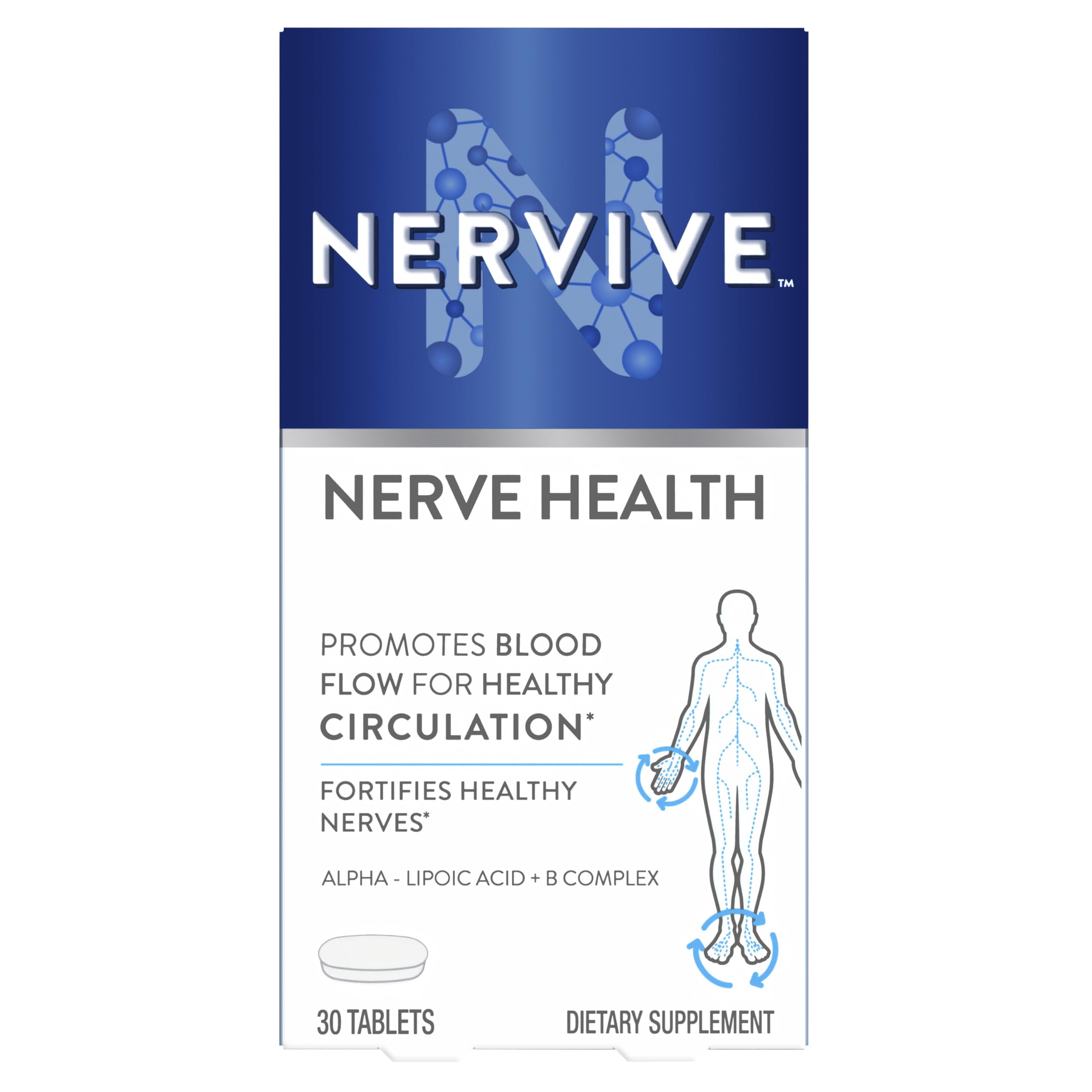 Nervive Nerve Health alpha-lipoic acid bottle shown for daily support of healthy circulation.