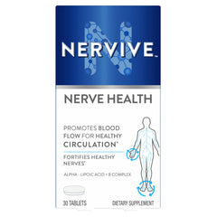 Nervive Nerve Health alpha-lipoic acid bottle shown for daily support of healthy circulation.